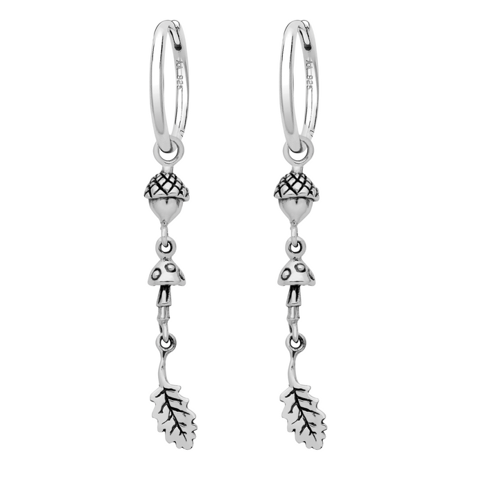 Sterling silver woodland autumn leaf acorn toadstool charm hoop earrings alt jewellery