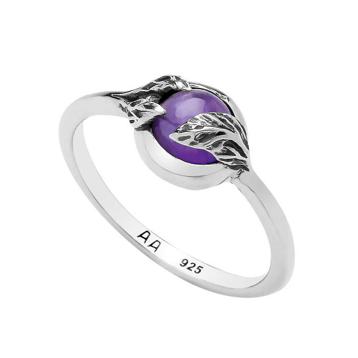 Sterling silver amethyst leaf nature alternative gemstone ring