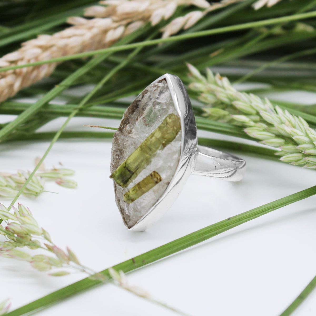 SUMMER LEAVES - Sterling Silver & Green Tourmaline in Quartz Ring - US 6