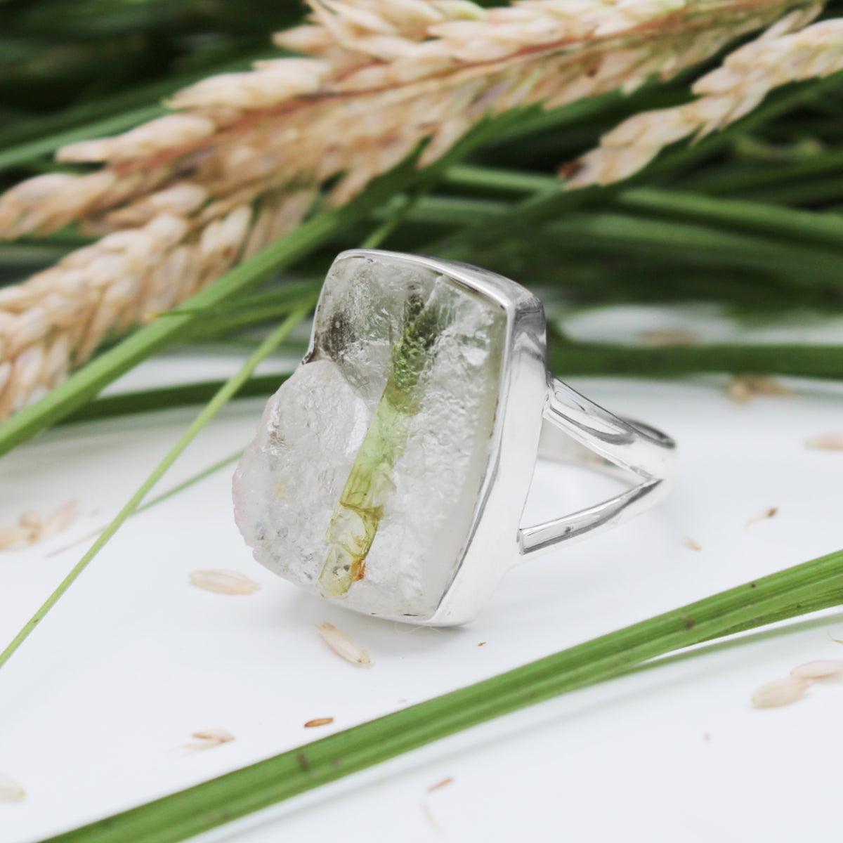 SUMMER LEAVES - Sterling Silver & Green Tourmaline in Quartz Ring - US 6