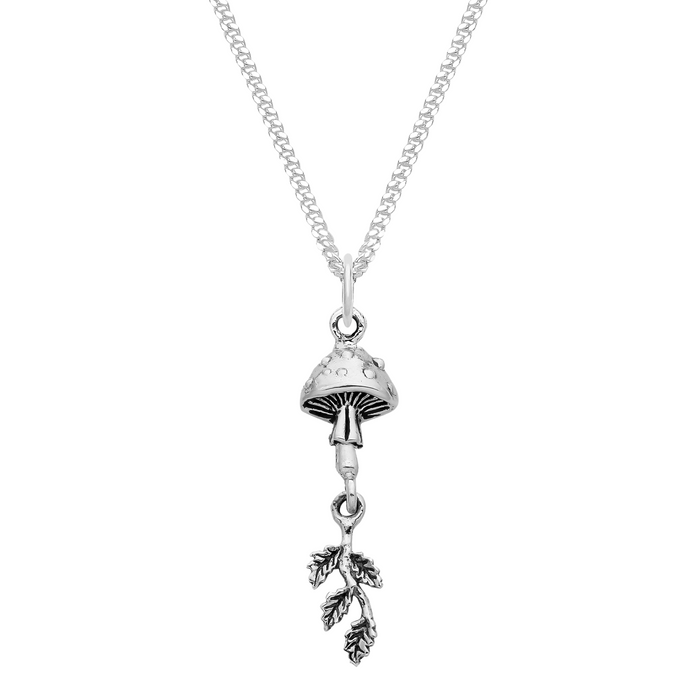 Sterling silver leaf and toadstool necklace nature inspired witchy alternative jewellery