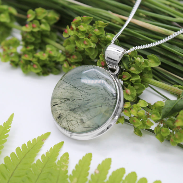 MOONLIT MEADOW - Sterling Silver & Black Tourmaline in Prehnite Necklace